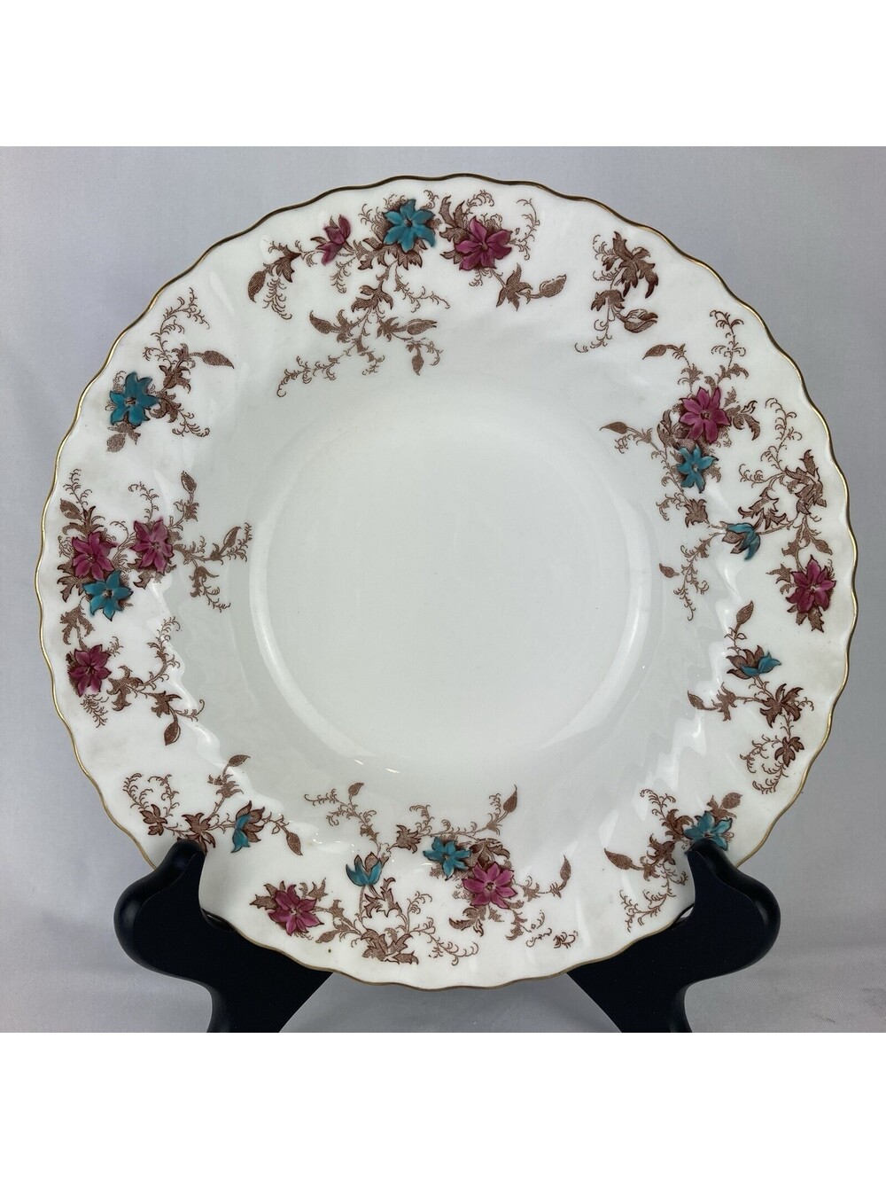 Minton Ancestral S-376 Rimmed Soup Bowl Fine White Bone China Floral Gold Trim